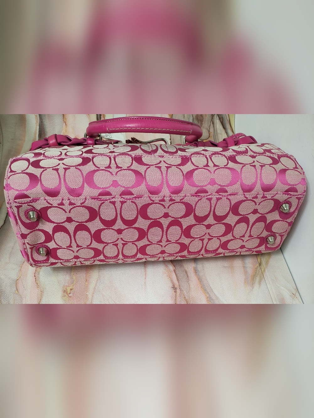 Vintage Y2K Coach F13068 Hampton Signature Large Carryall Satchel Hibiscus/Pink - Picture 5 of 14